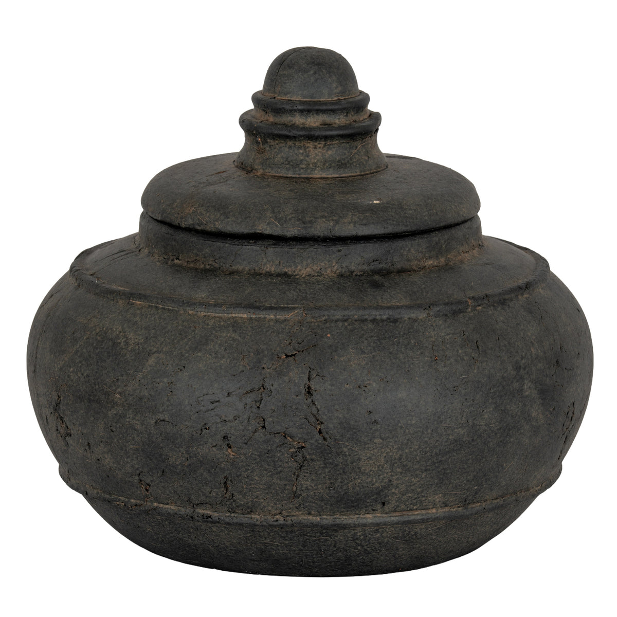 Charcoal-black squat decorative pot with its lid in place, showing a rounded ringed finial, raised shoulder band and mottled surface.