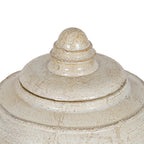 Close-up of the pot's stepped lid and domed finial, showing concentric rings, glossy highlights and irregular brown markings.