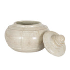 Open cream decorative pot viewed from the front with its lid resting at the right, showing the shoulder band, lower band and low foot ring.
