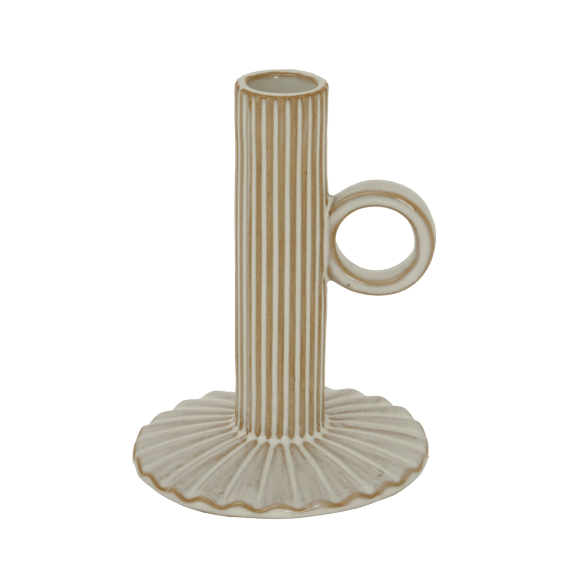 Cream candle holder on a white background, showing a tall fluted socket, ring handle on the right and scalloped base with warm tan accents.