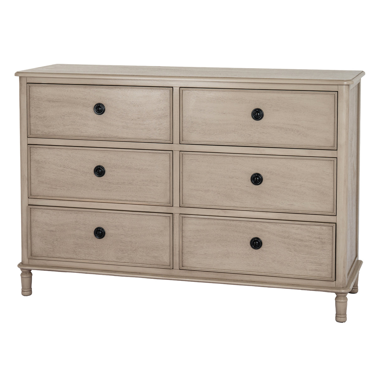 Angled front view of the pale beige-grey Ringline chest, showing six bordered drawers with black ring pulls, its right side and short shaped feet.