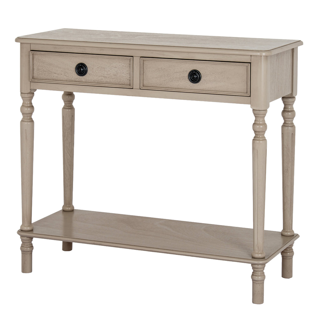 Three-quarter front view of a pale beige-grey console table with two framed drawers, black ring pulls, four slender legs and a low shelf.