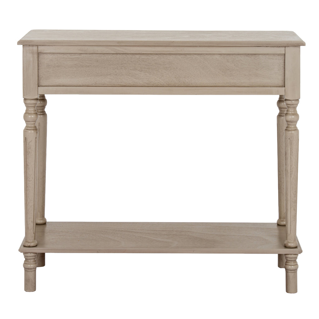 Rear view of the console table, showing the broad panel below the top, turned-profile legs with vertical channels and the low shelf.