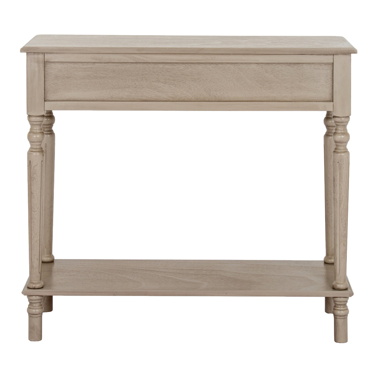 Rear view of the console table, showing the broad panel below the top, turned-profile legs with vertical channels and the low shelf.