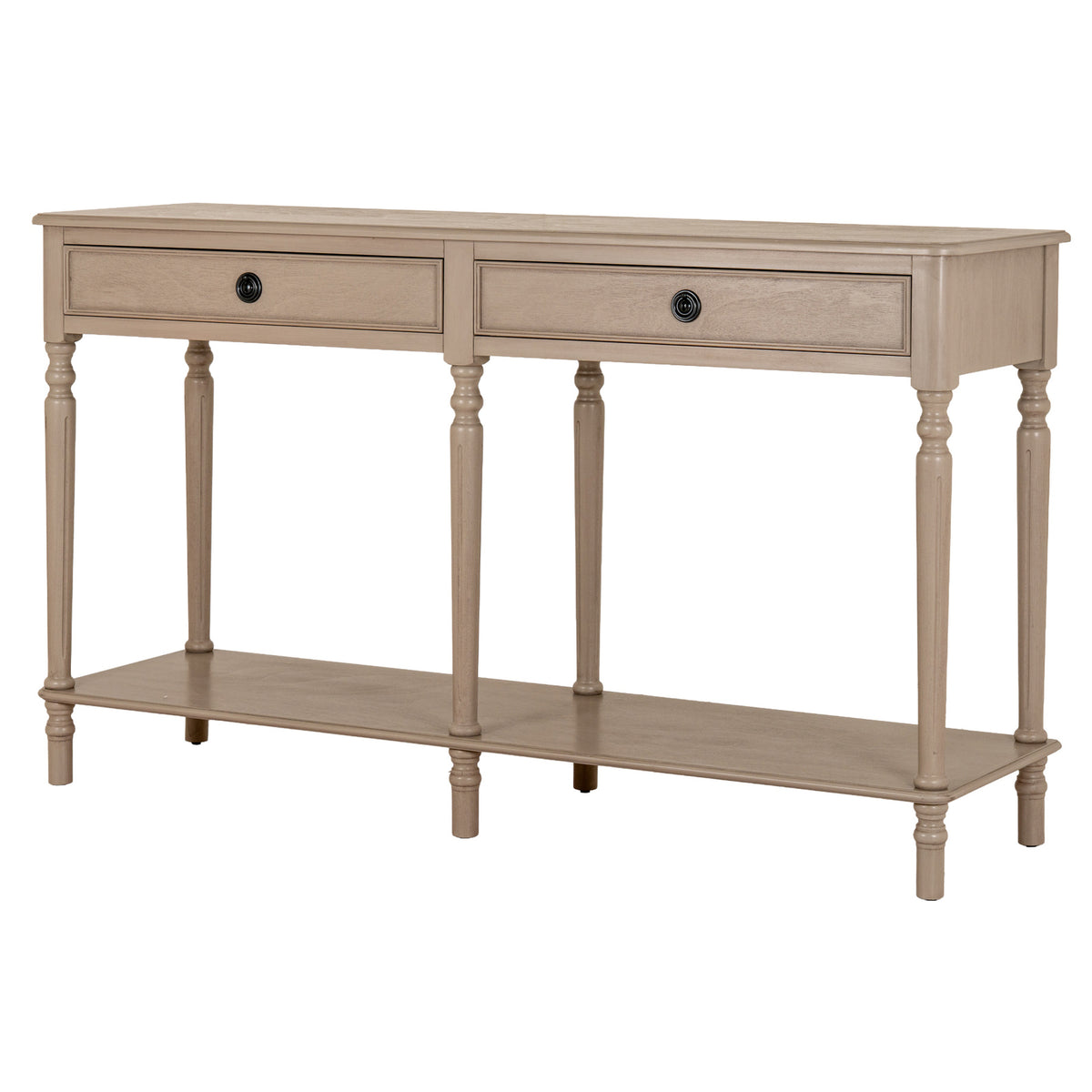 Angled front view of a pale beige-grey console table with two framed drawers, black ring pulls, six shaped legs and one continuous lower shelf.