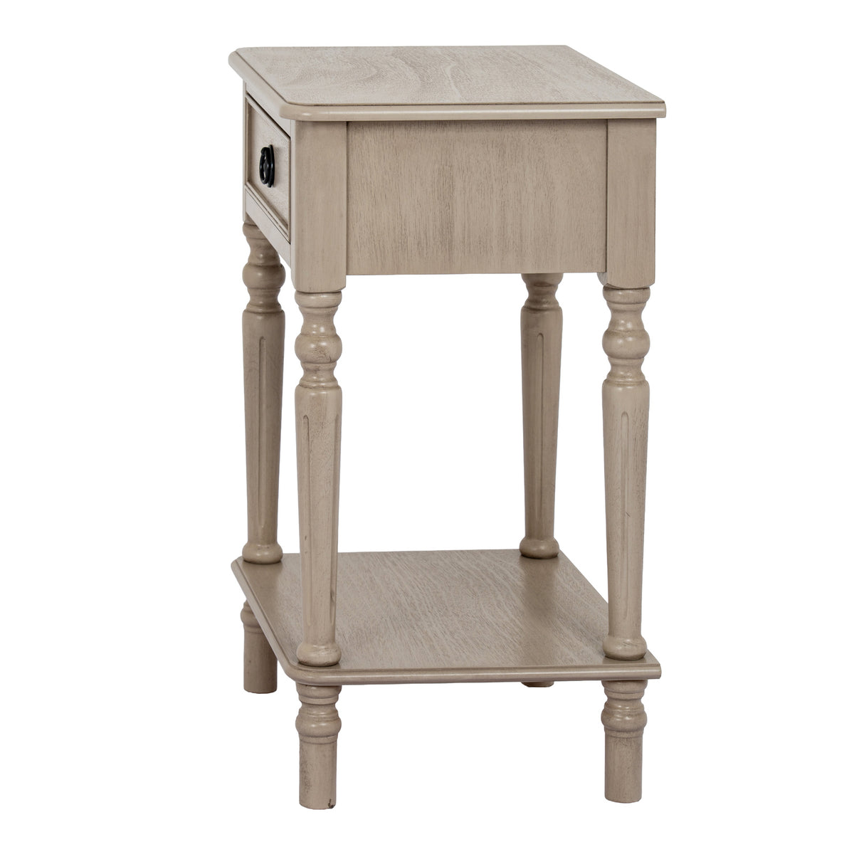 Side view of the Ringline Side Table showing the grained side panel and four slender shaped legs around the open shelf.