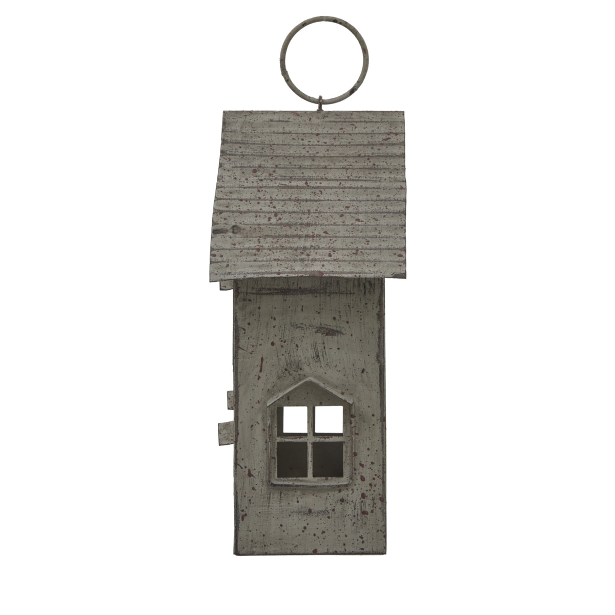 Side view of the house candle holder with a single four-pane window opening beneath the ridged roof and circular top ring.