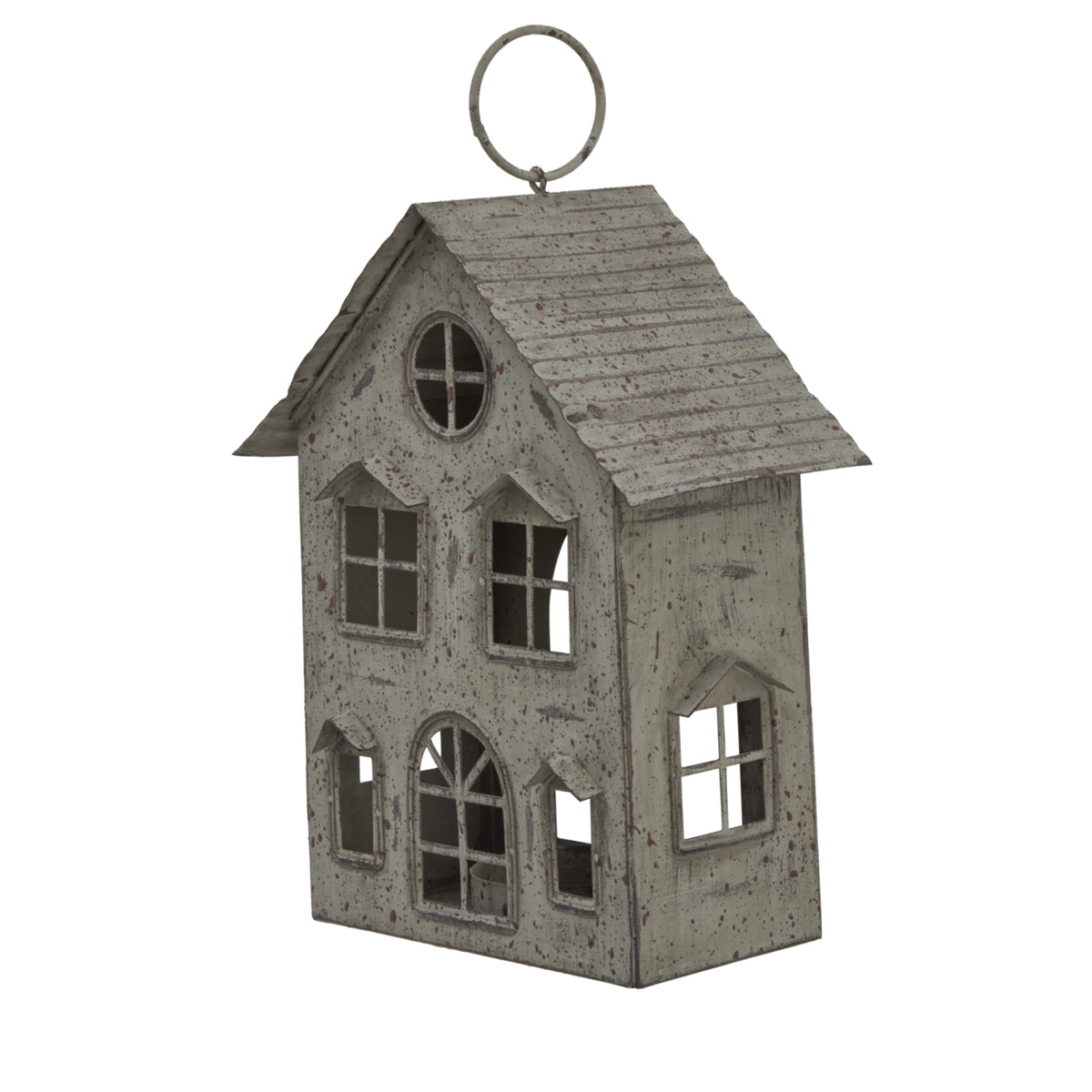 Angled view of the weathered house candle holder showing the ridged roof, front façade and pierced side window.
