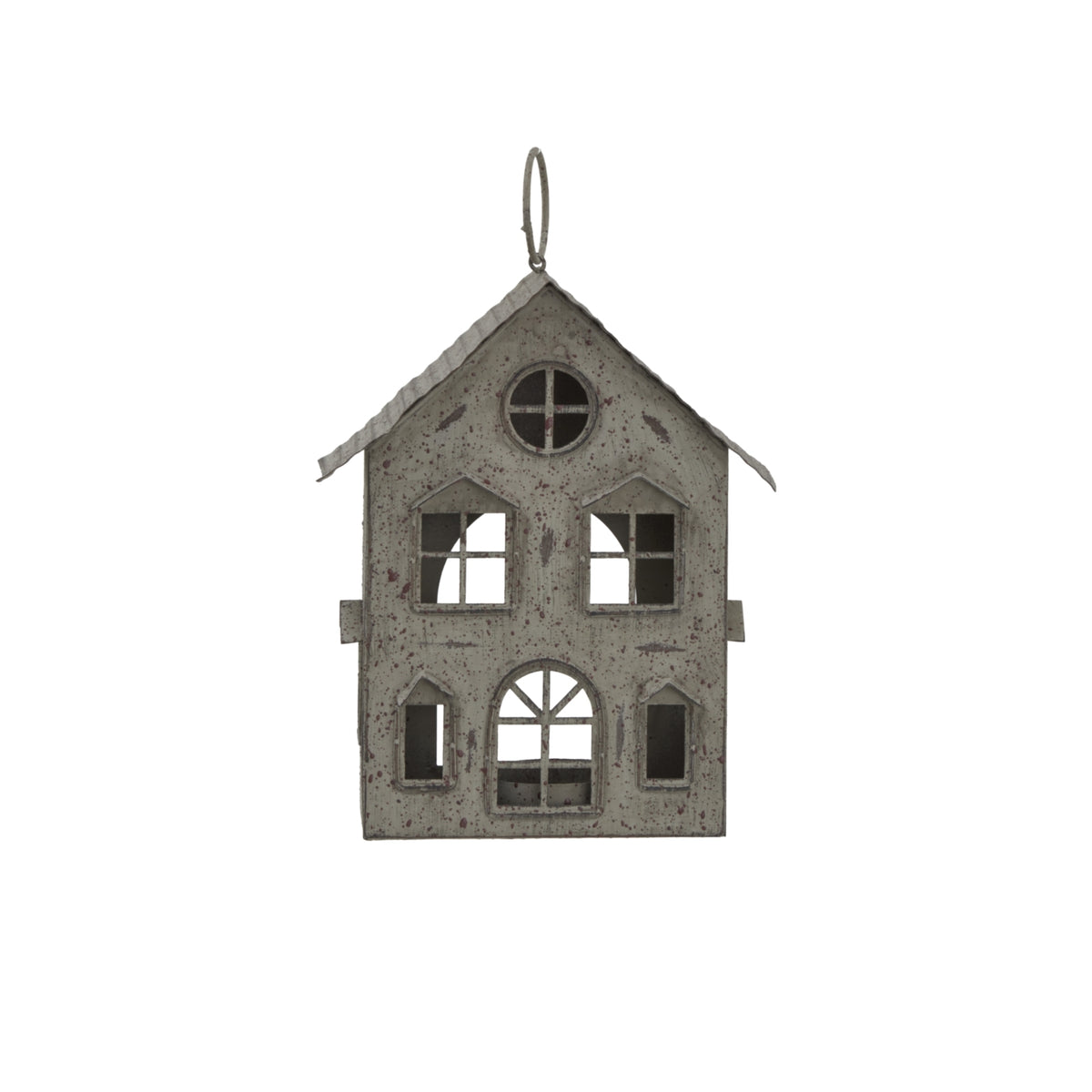 Front view of the pale-grey house candle holder with pierced windows, an arched doorway and a ring above the pitched roof.