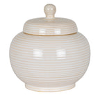 Cream-white ribbed jar with its domed lid in place, rounded knob and narrow raised foot against a white background.