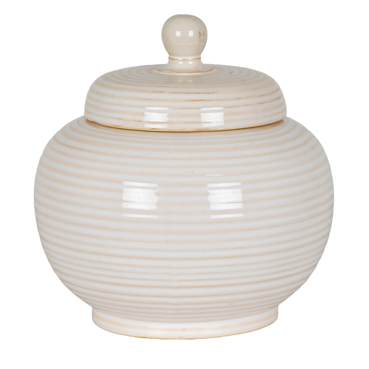 Cream-white ribbed jar with its domed lid in place, rounded knob and narrow raised foot against a white background.