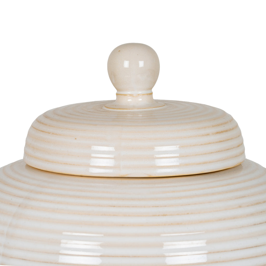 Close-up of the rounded lid knob and glossy concentric rings, with warm beige shading along the grooves.