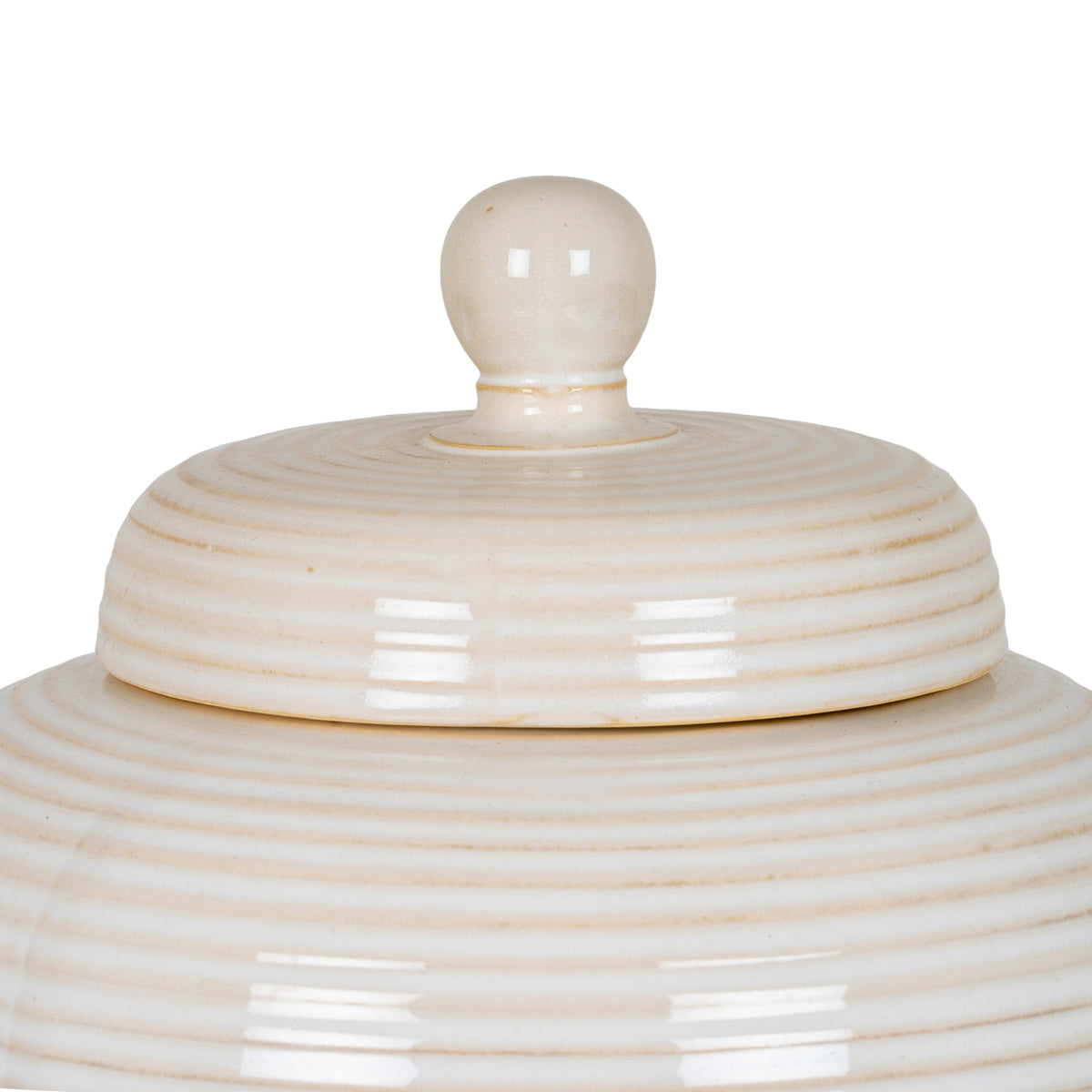 Close-up of the rounded lid knob and glossy concentric rings, with warm beige shading along the grooves.