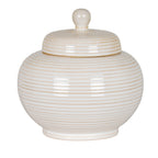 Cream-white rounded jar with horizontal rings, a narrow foot and a fitted stepped lid topped by a round knob.