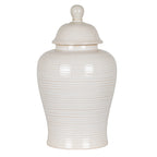 Cream-white ribbed ginger jar with a domed lid and rounded knob, shown upright against a white background.
