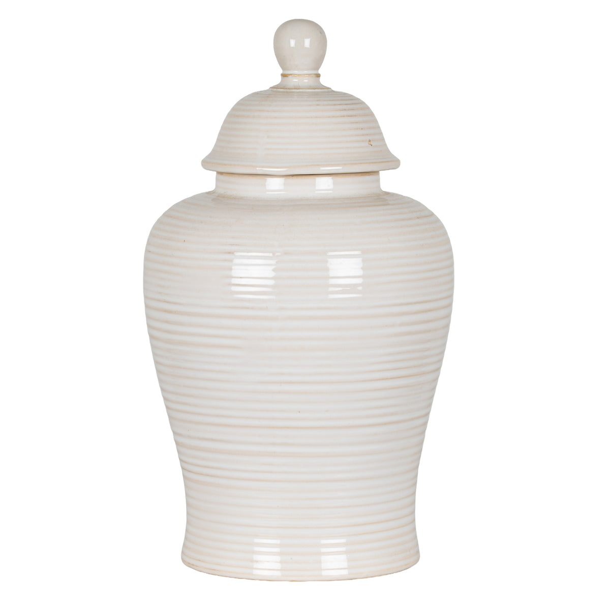 Cream-white ribbed ginger jar with a domed lid and rounded knob, shown upright against a white background.