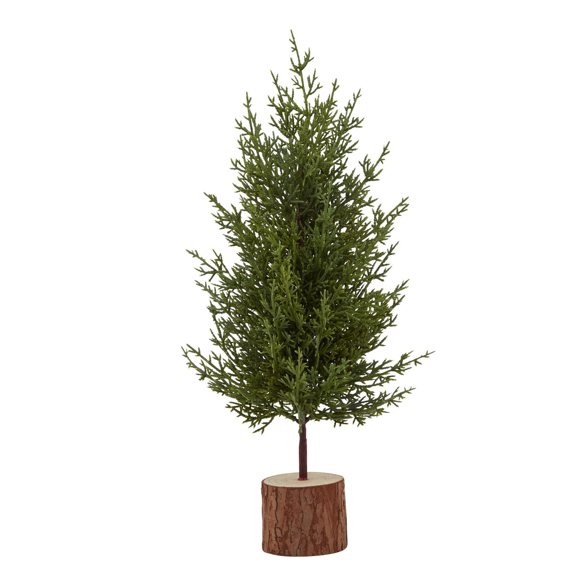 Ringtop Branch Tree Decoration with tapered green foliage, an exposed reddish-brown trunk and a cylindrical log-style base against white.