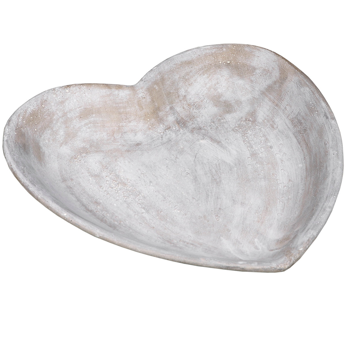 Angled view of the Ringwash Heart Dish showing its shallow interior, pale cream wash, grey-taupe patches and fine ring-like surface marks.