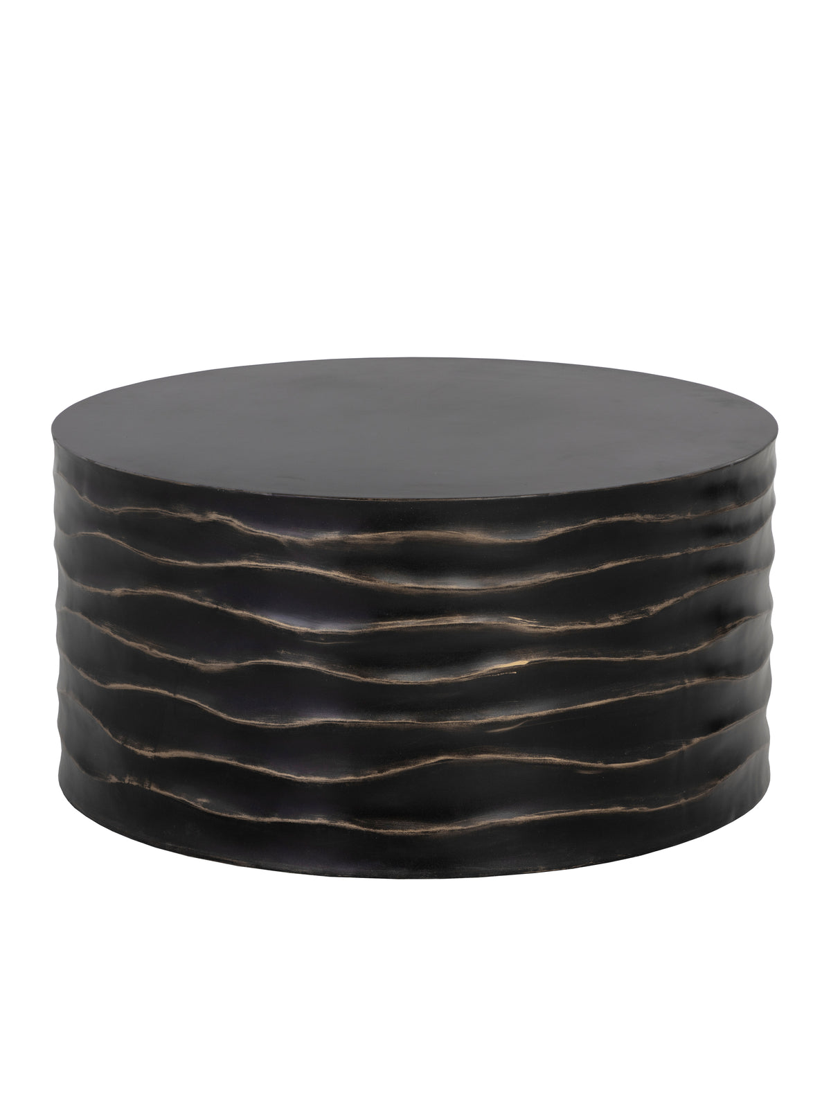 Ripple Drum Coffee Table shown from a slightly elevated angle on a white background, revealing the flat round top and undulating horizontal ridges around the drum body.