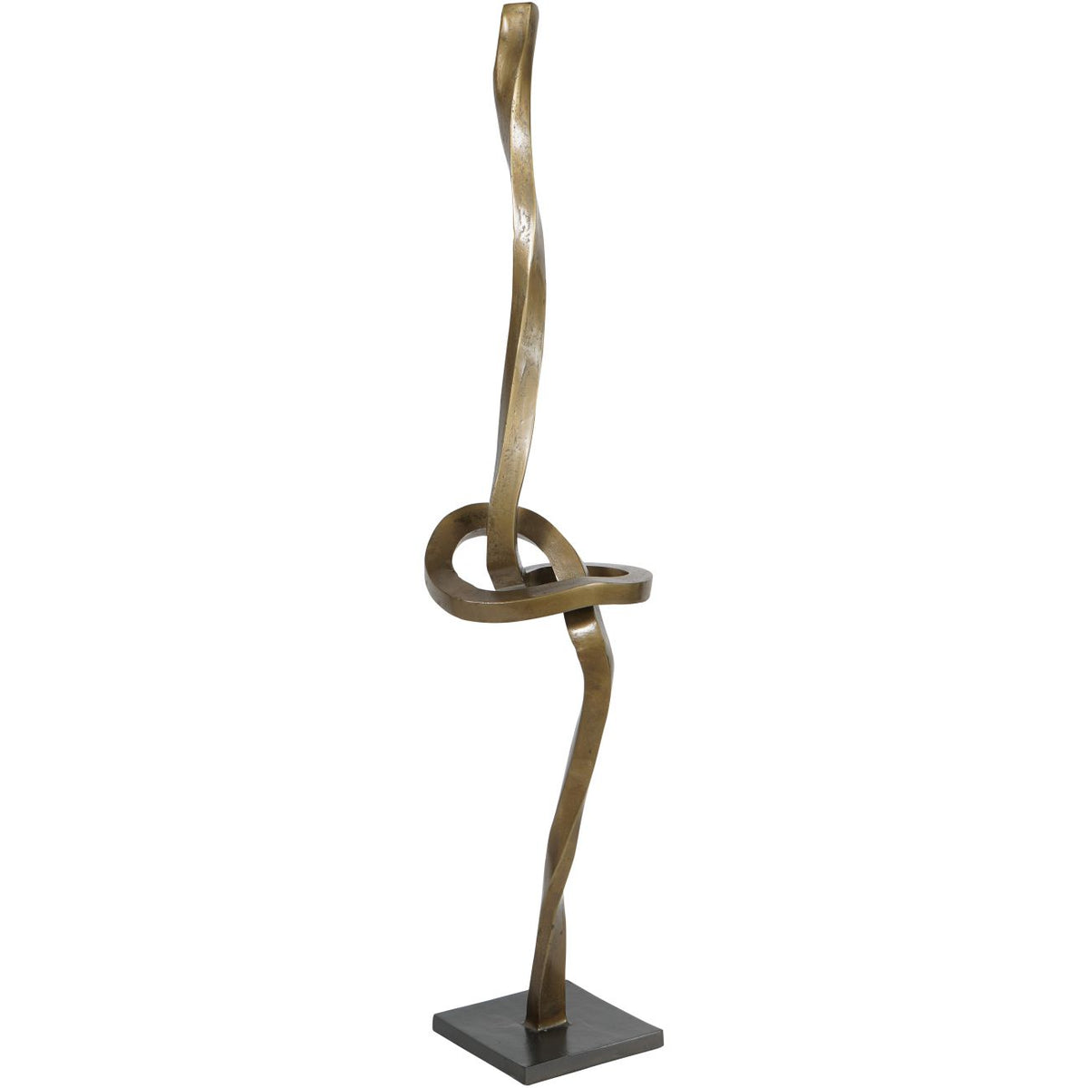 Angled view of the sculpture showing the open loop around the upright and the square black base.