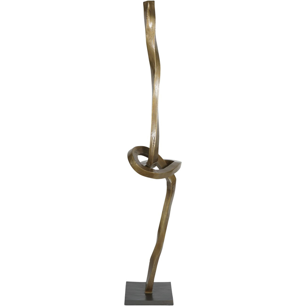 Full view of the brass-toned abstract sculpture with a tall twisting ribbon, intersecting ring and black square base.