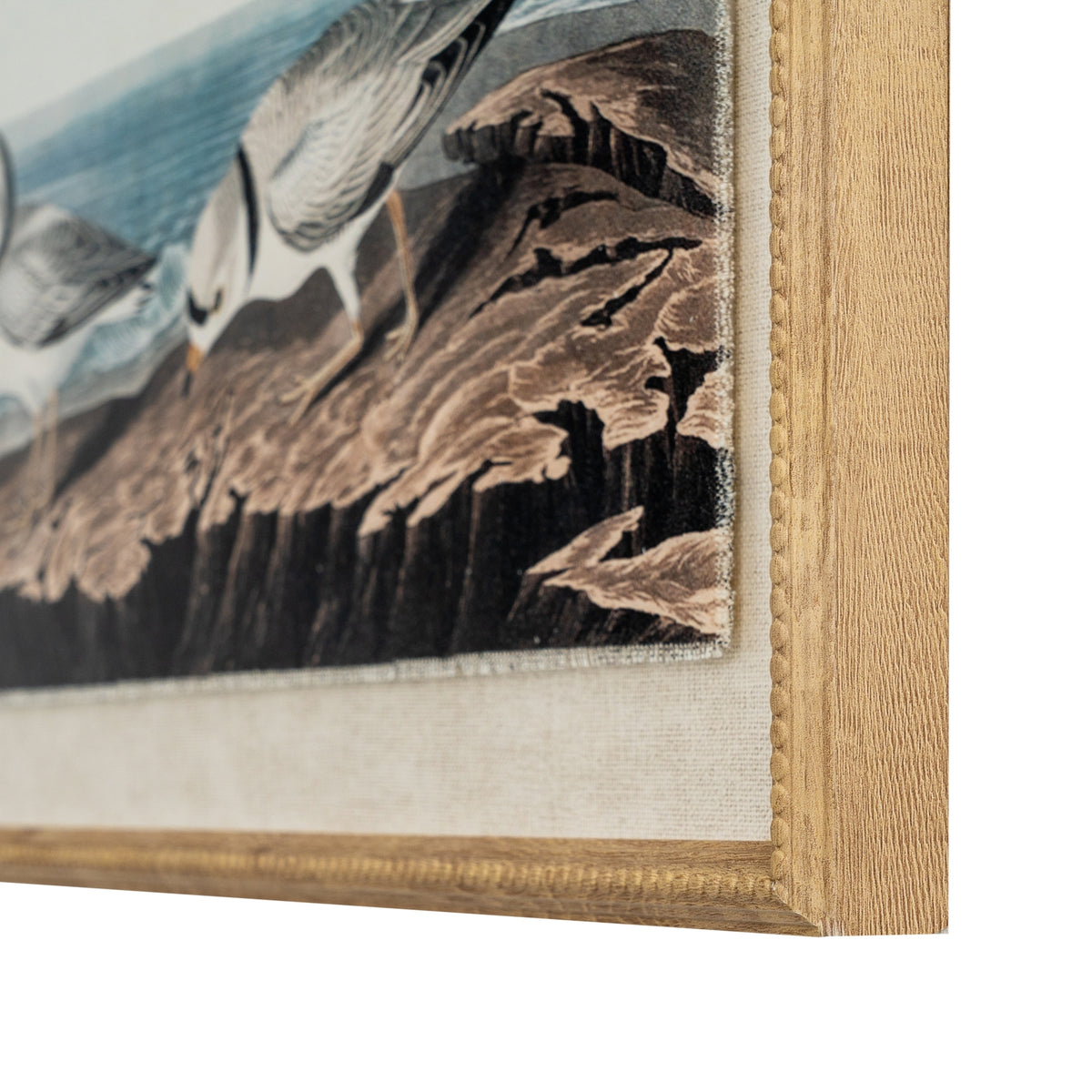 Angled close-up of the print's lower right corner, showing the rocky shoreline, part of a dipping bird, the pale textured surround and the beaded tan-gold frame.