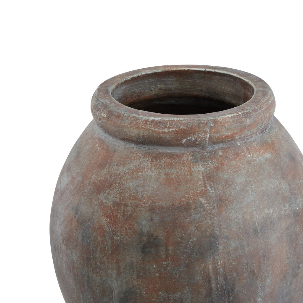 View into the Rolled Jar Planter's open mouth, showing its thick curved rim, dark interior and mottled upper sides.