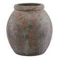 Rounded brown Rolled Jar Planter with a broad rolled rim and pale grey distressed markings, shown against white.