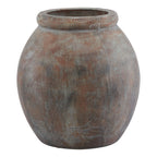 Rounded brown Rolled Jar Planter with a broad rolled rim and pale grey distressed markings, shown against white.