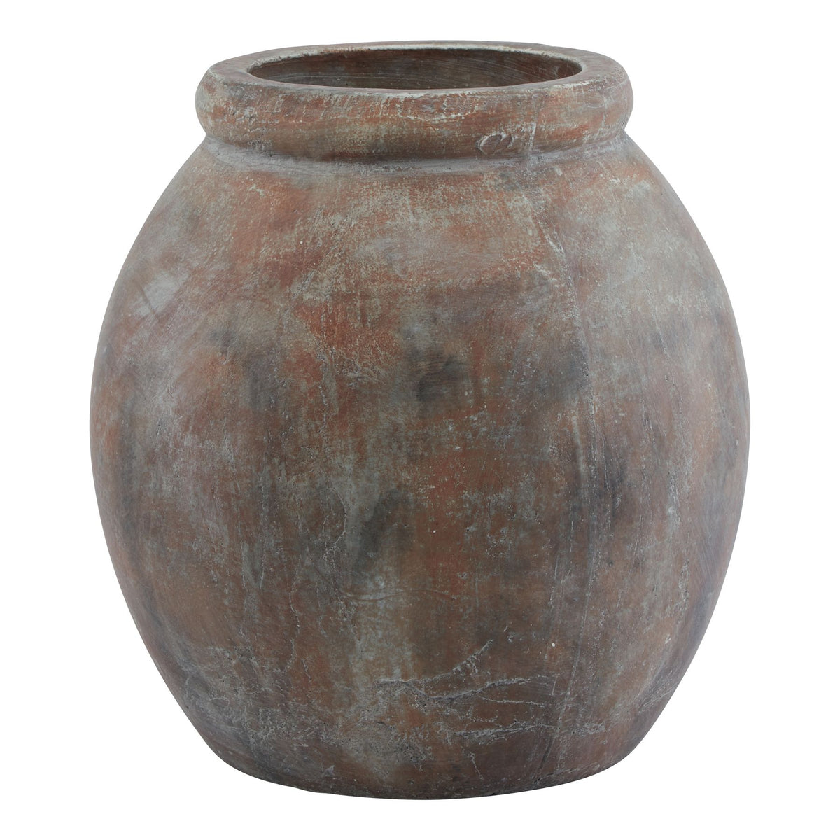 Rounded brown Rolled Jar Planter with a broad rolled rim and pale grey distressed markings, shown against white.
