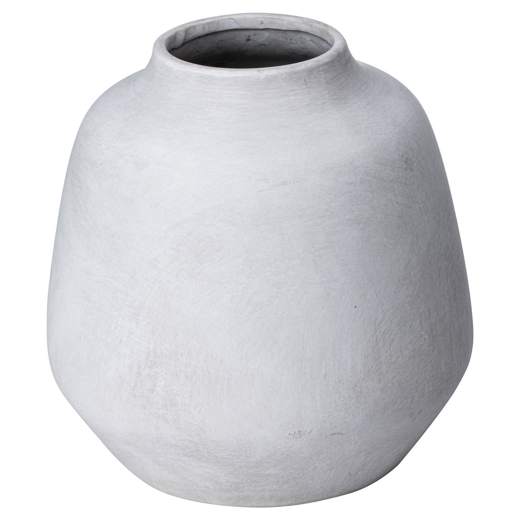 Pale grey-white rounded vase on a white background, showing its low rolled rim and wide opening.