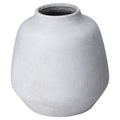 Pale grey-white rounded vase on a white background, showing its low rolled rim and wide opening.