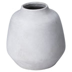 Pale grey-white rounded vase on a white background, showing its low rolled rim and wide opening.