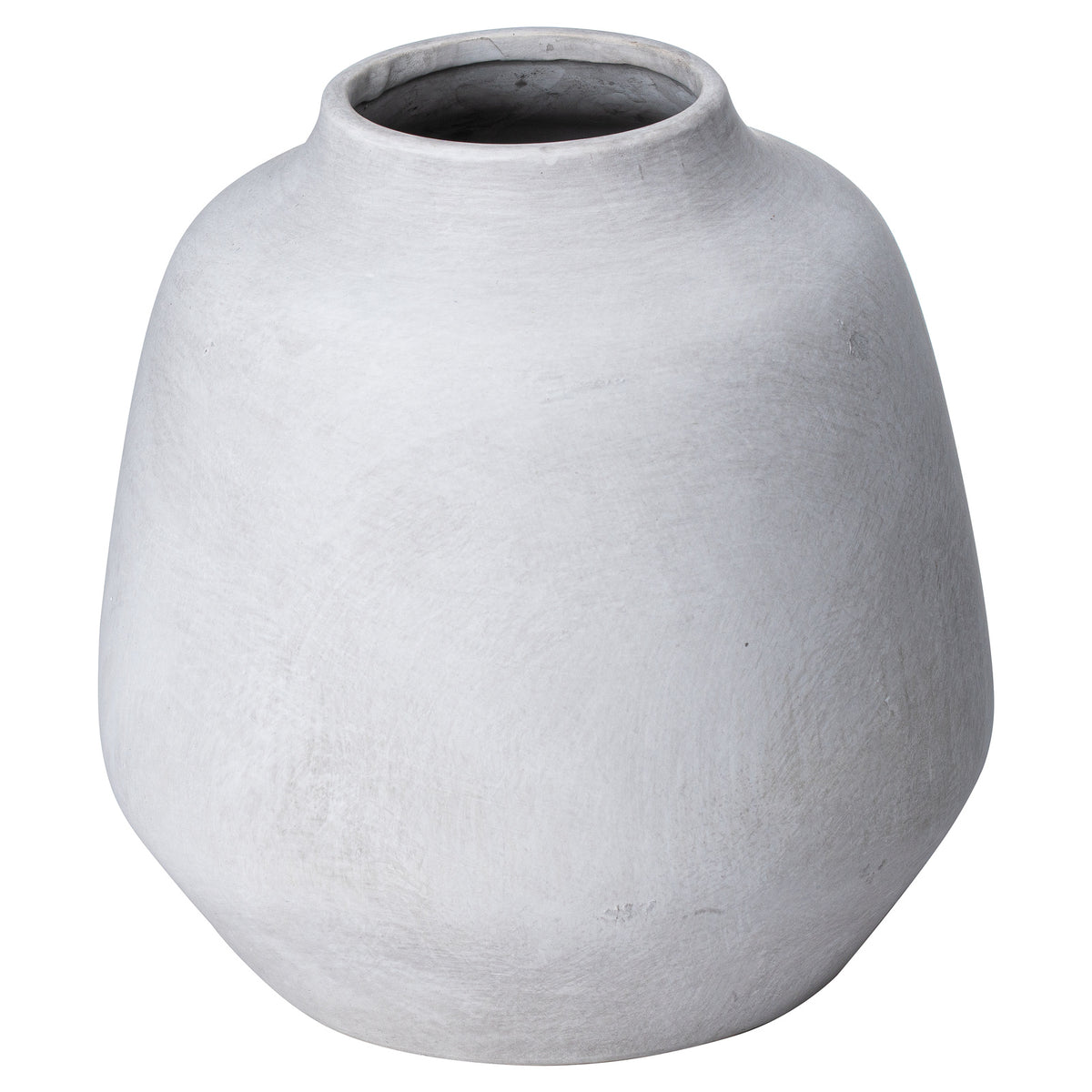 Pale grey-white rounded vase on a white background, showing its low rolled rim and wide opening.