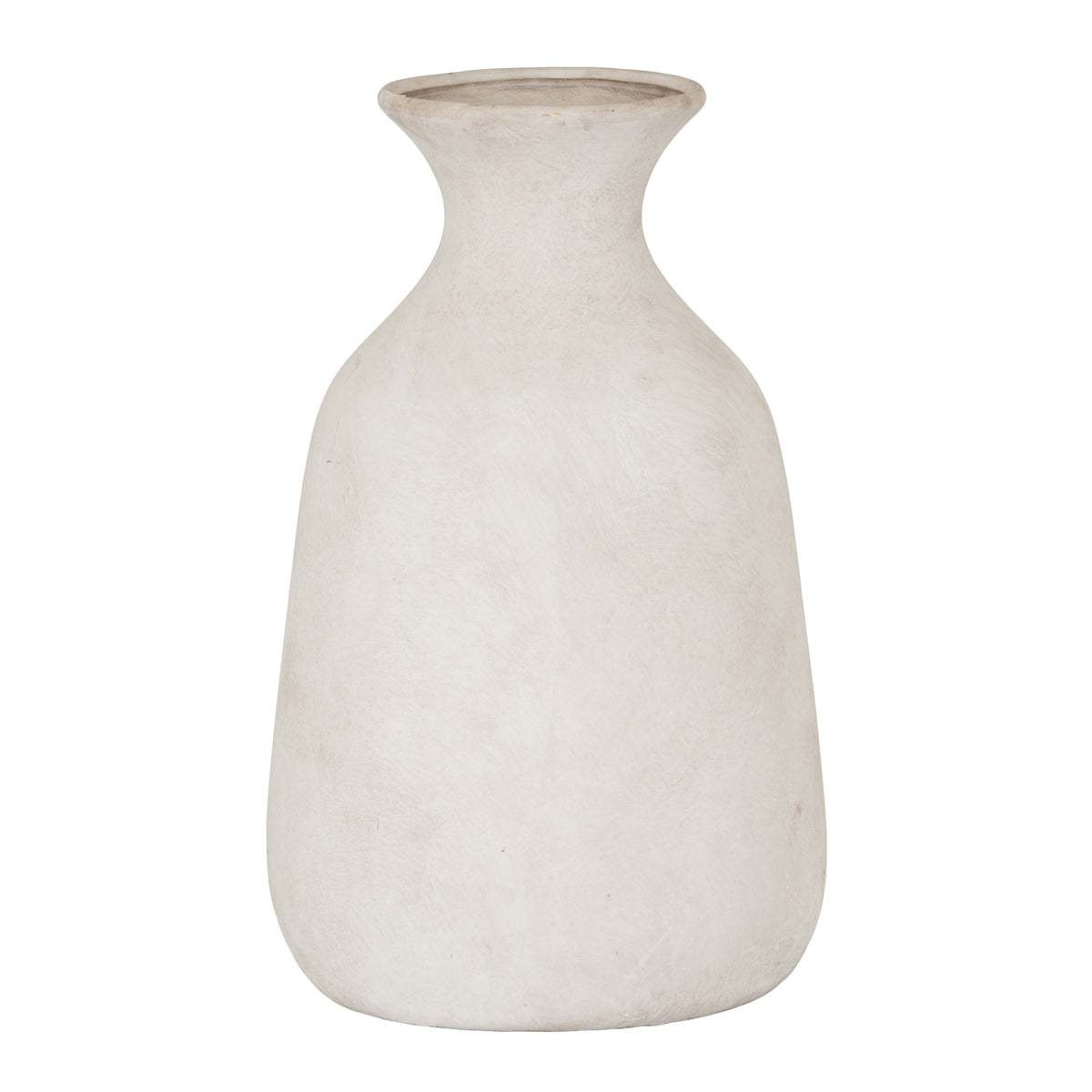 Warm off-white vase shown in full, with a broad rounded body, narrow curved waist and wide flared rim.