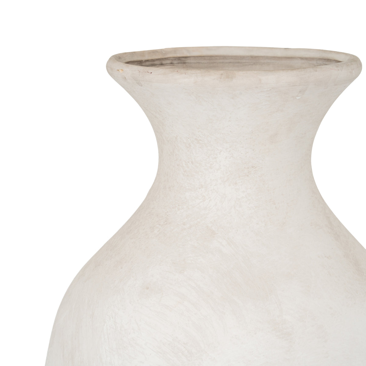 Close-up of the vase's flared rim and inward-curving waist, showing pale mottling and brushed surface variation.
