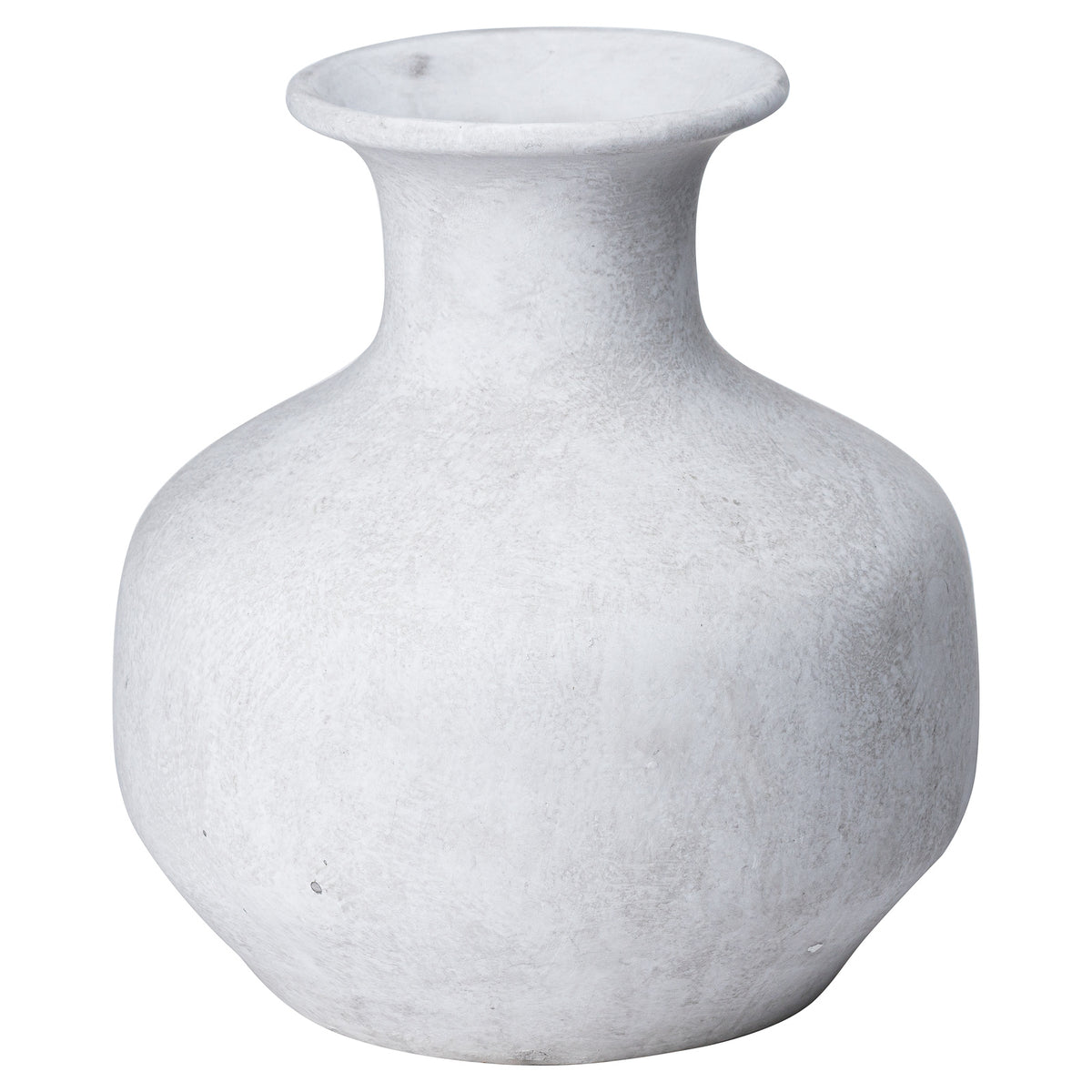 Pale mottled vase with a broad rounded body, inward-curving neck and flared rim against a white background.