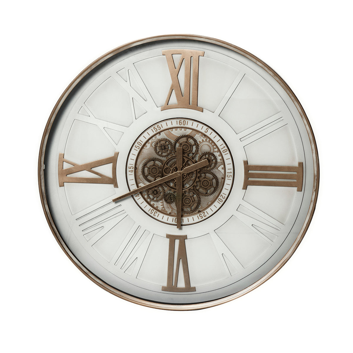 Front view of a round white wall clock with antique gold-toned Roman numerals, hands and exposed cog detailing at the centre.