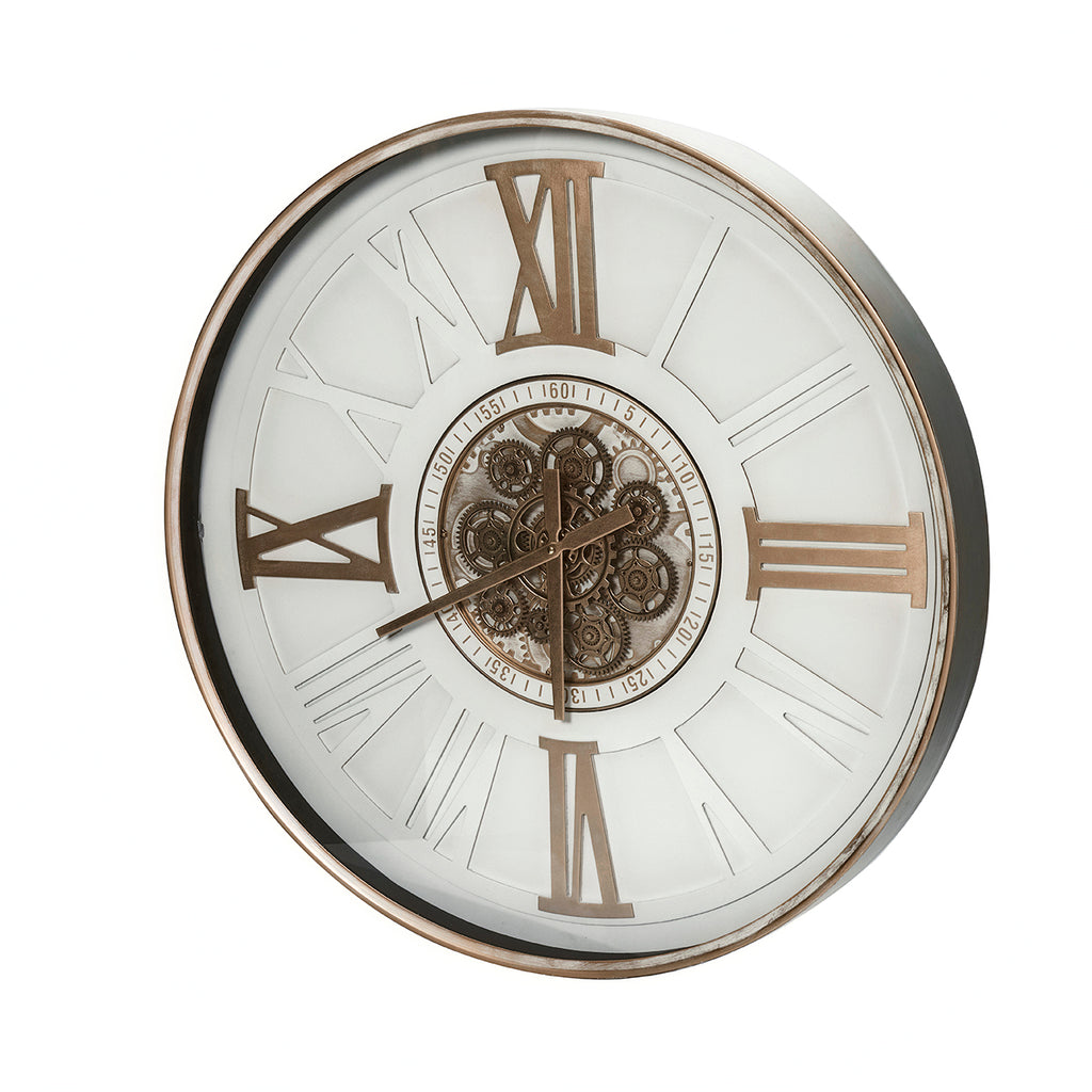 Angled view of the Roman Cog Wall Clock showing its deep rim, white dial and gold-toned cog centre.
