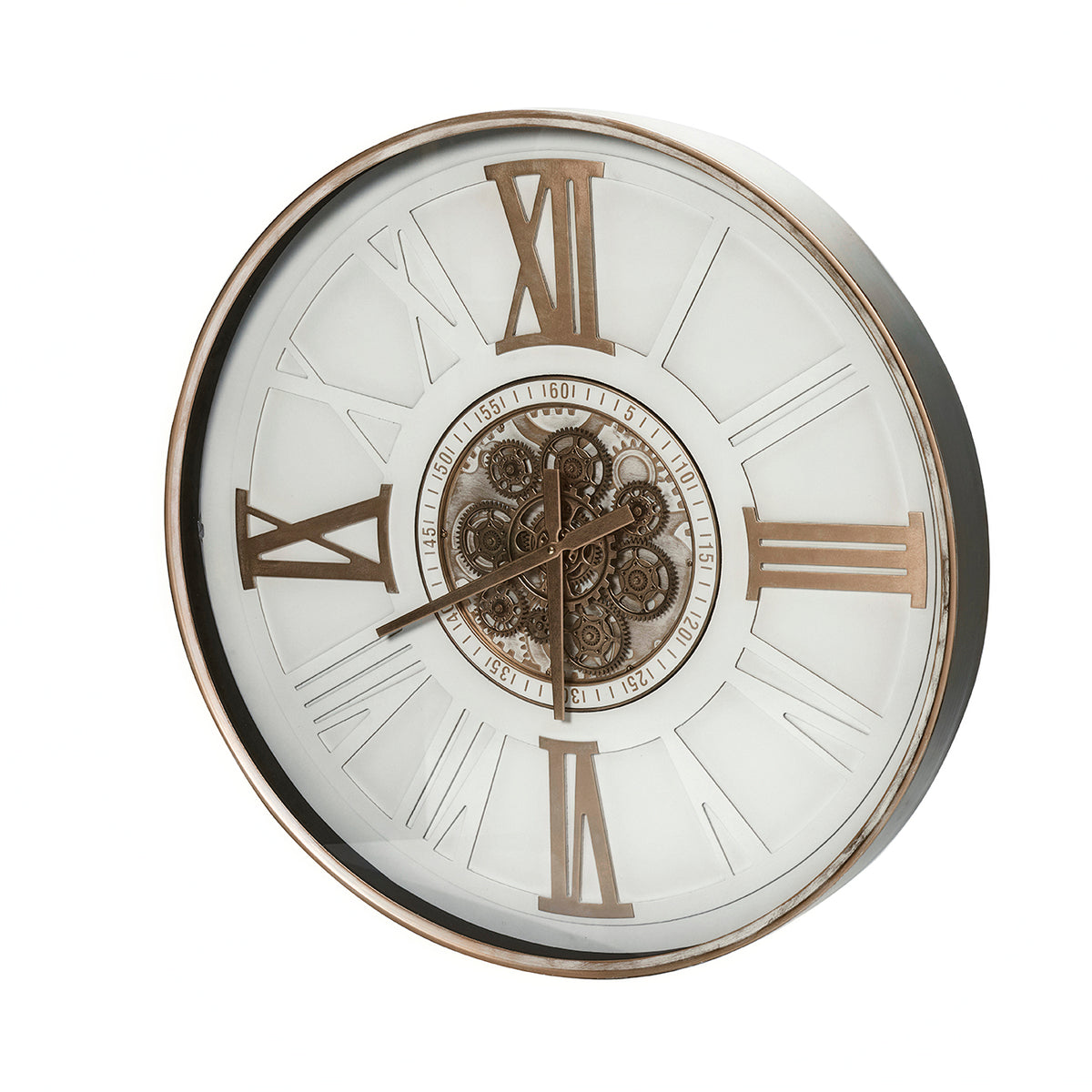Angled view of the Roman Cog Wall Clock showing its deep rim, white dial and gold-toned cog centre.