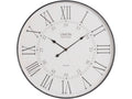 Front view of a round wall clock with a slim black rim, weathered white dial, tall Roman numerals, black hands, Union Station lettering and an inner 13–24 scale.