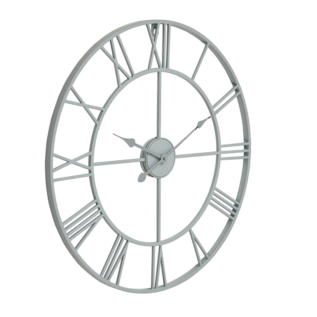 Angled front view of the soft grey Roman Orbit wall clock, showing its open rings, Roman numerals, four radial supports and ornate hands.
