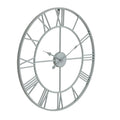 Angled front view of the soft grey Roman Orbit wall clock, showing its open rings, Roman numerals, four radial supports and ornate hands.