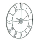 Angled front view of the soft grey Roman Orbit wall clock, showing its open rings, Roman numerals, four radial supports and ornate hands.