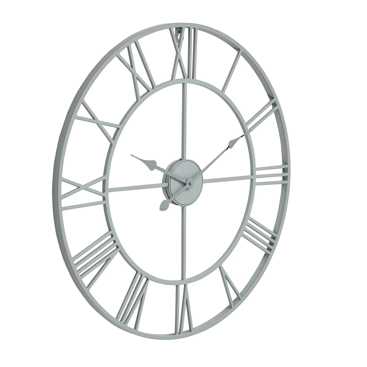 Angled front view of the soft grey Roman Orbit wall clock, showing its open rings, Roman numerals, four radial supports and ornate hands.
