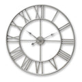 Front view of the silver-toned Roman Orbit wall clock, showing its open circular frame, Roman numerals and three hands against white.
