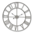 Front view of the silver-toned Roman Orbit wall clock, showing its open circular frame, Roman numerals and three hands against white.