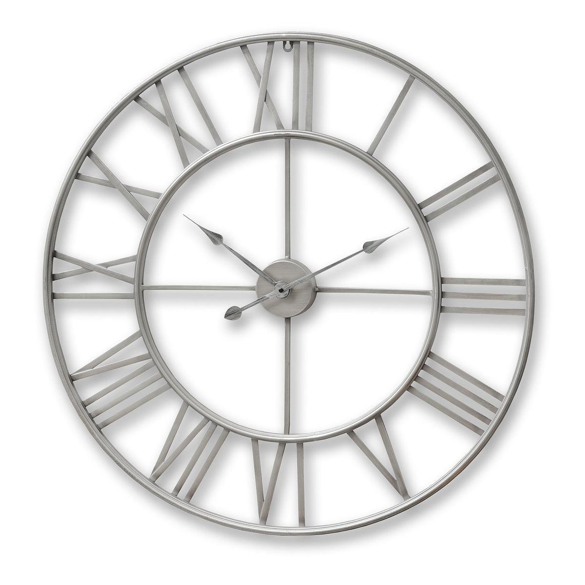 Front view of the silver-toned Roman Orbit wall clock, showing its open circular frame, Roman numerals and three hands against white.