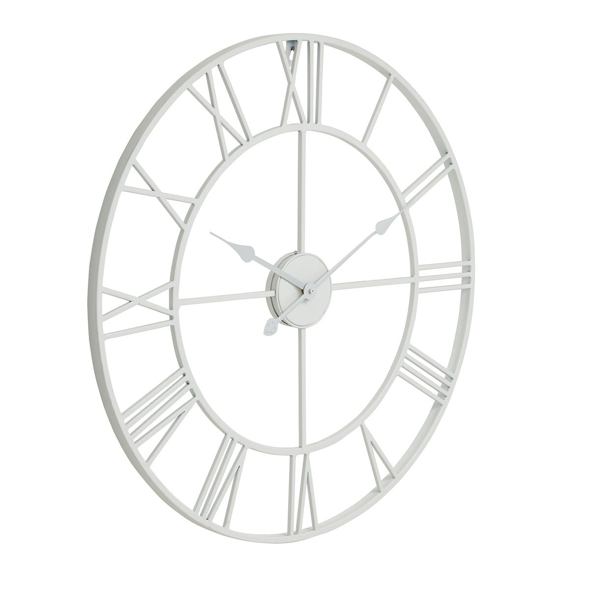 Angled front view of the white round skeleton wall clock, showing open Roman numerals, concentric rings and three shaped hands.