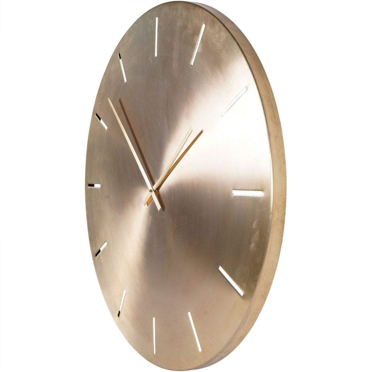 Angled view of the wall clock showing its shallow rolled edge and brushed gold face.